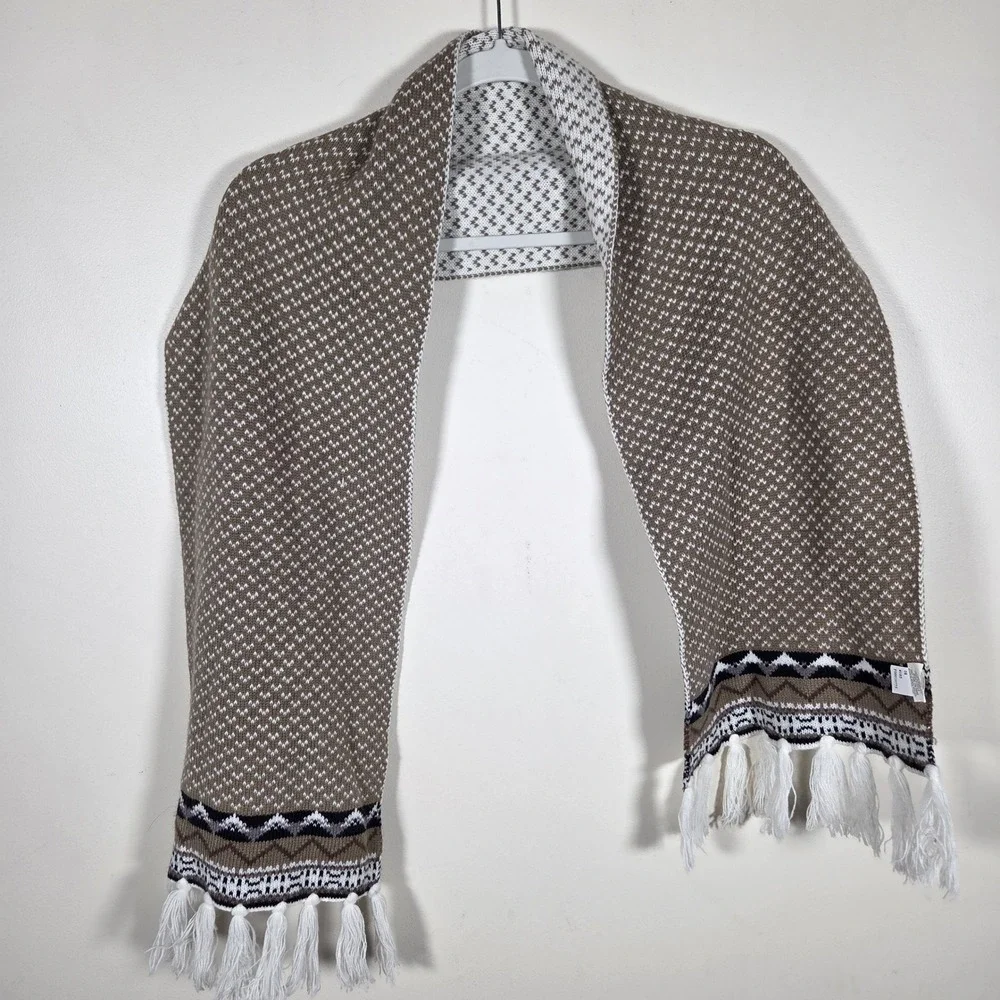 Merona Scarf Unisex OS Wool Blend Brown Fair Isle Tassel Knit Winter Cozy Warm